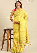 Yellow Floral Printed Zari Woven Tussar Saree - Taashi