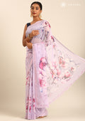 Pastel Lavender Watercolor Floral Printed Georgette Saree - Taashi