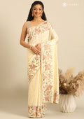 Pastel Yellow Floral Embroiderd Linen Saree - Taashi