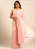 Pastel Pink Geometric Floral Woven Tussar Saree - Taashi