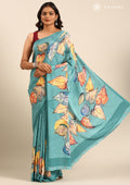 Pastel Blue Leaf Digital Printed Crepe Saree - Taashi