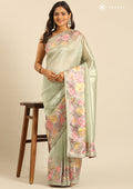 Pastel Green Floral Embroiderd Tissue Saree - Taashi