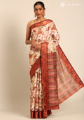 Brown Watercolor Floral Printed And Plaids Woven Linen Saree - Taashi
