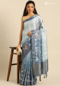 Dusty Blue Floral Printed Tussar Saree - Taashi