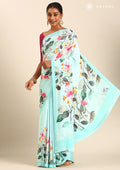 Sky Blue Multicolor Watercolor Floral Printed Crepe Saree - Taashi