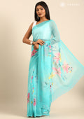 Sky Blue Multicolor Floral Printed Georgette Saree - Taashi
