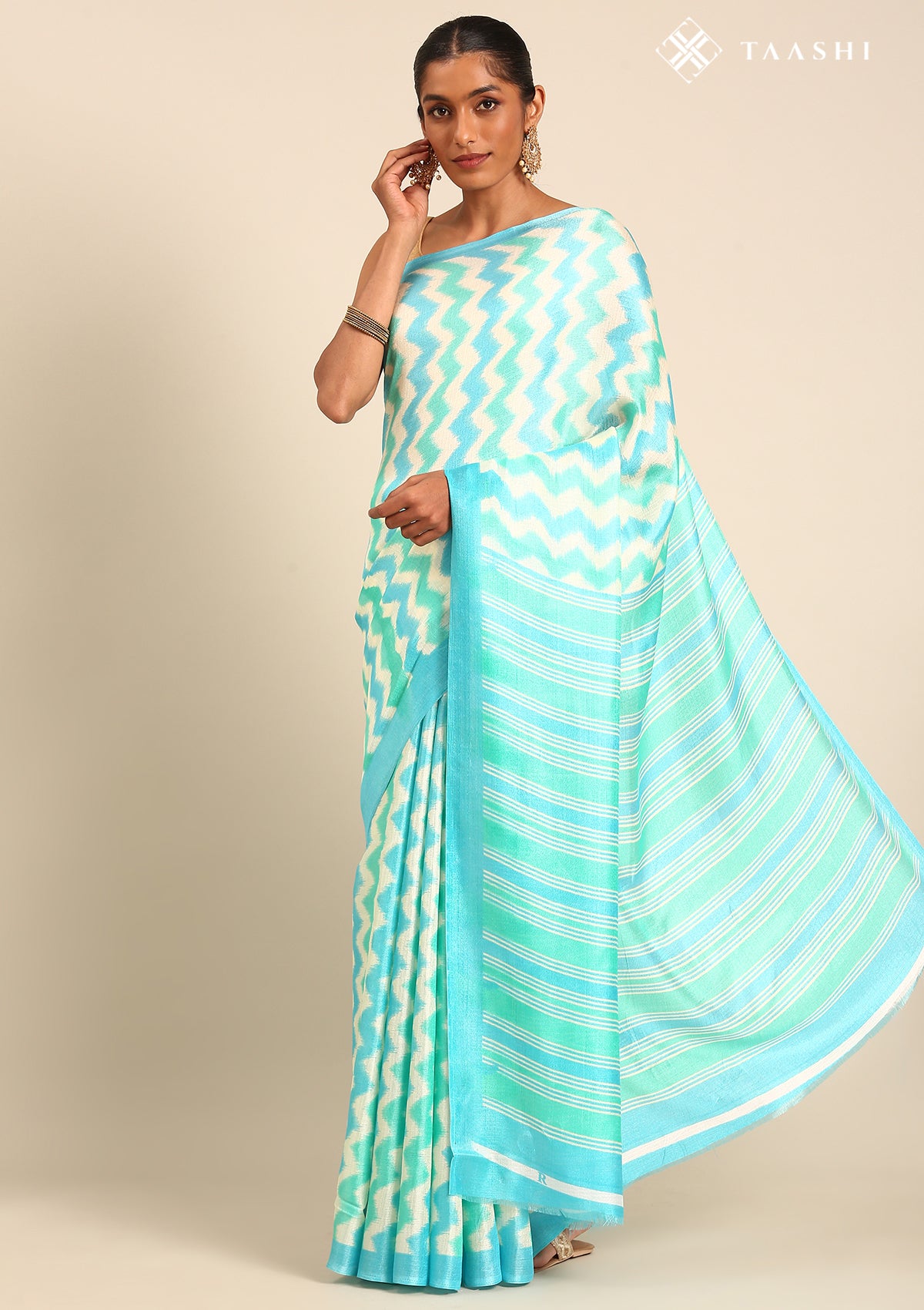 Cream Contrast Zigzag Printed Art Tussar Matka Silk Saree - Taashi