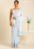 Pastel Blue Floral Embroiderd Linen Saree - Taashi