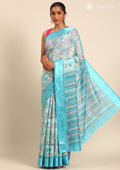 Sky Blue A/O Floral Printed Plaids Woven Line Saree - Taashi