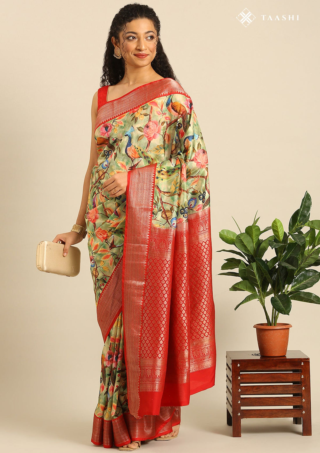 Pastel Green Pure Silk Floral & Peacock Printed Saree