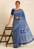 Indigo Batik Paisley Printed Cotton Saree - Taashi