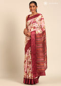 Maroon Watercolor Floral Printed And Plaids Woven Linen Saree - Taashi