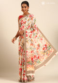 Beige Multicolor Watercolor Floral Printed Crepe Saree - Taashi