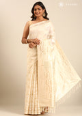 Cream Geometric Floral Woven Tussar Saree - Taashi