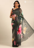 Grey Multicolor Floral Digital Printed Georgette Saree - Taashi