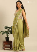 Olive Green Floral Embroiderd Linen Saree - Taashi