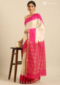 Cream And Magenta Woven Stripes 2D Dyed Crepe Saree - Taashi
