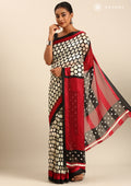 Black And Cream Polkadots Printed Chiffon Saree - Taashi