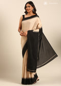 Beige Black Temple Bordered Digital Printed Tussar Saree - Taashi
