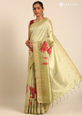 Olive Green Floral Printed Tussar Saree - Taashi