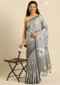 Slate Grey Floral Printed Tussar Saree - Taashi