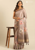 Dusty Brown Floral Printed Tussar Saree - Taashi