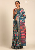 Teal Watercolor Floral Printed Tussar Saree - Taashi