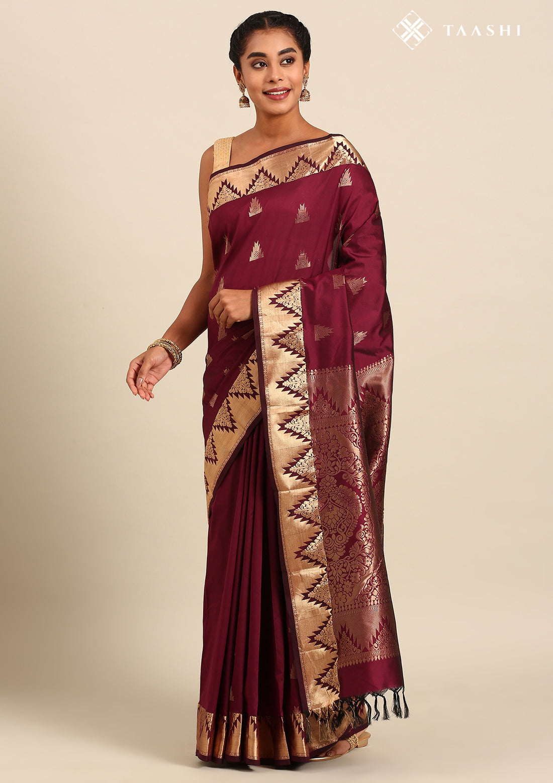 Maroon Temple Butta Kanchipuram Saree