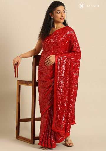Red Chiffon Cocktail Embroidered Saree