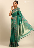 Emerald Green Ikat Pattern And Tradition Pattern Woven Tussar Saree - Taashi
