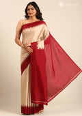 Beige Maroon Temple Bordered Digital Printed Tussar Saree - Taashi