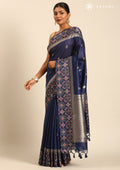 Navy Blue Ikat Pattern And Tradition Pattern Woven Tussar Saree - Taashi