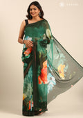 Green Multicolor Floral Digital Printed Georgette Saree - Taashi