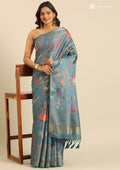 Dusty Blue Floral, Flamingo Printed And Zari Stripes Tussar Saree - Taashi