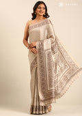 Dusty Grey Butti Printed Art Tussar Matka Silk Saree - Taashi