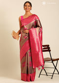 Charcoal Grey Tissue Brocade Weaving Silk Saree - Taashi
