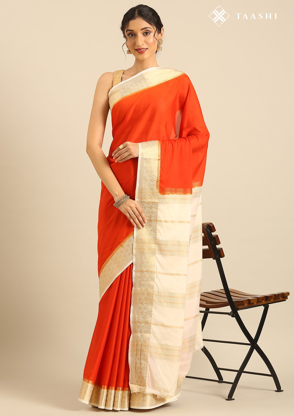 Orange Crepe Saree With Zari Border - Taashi