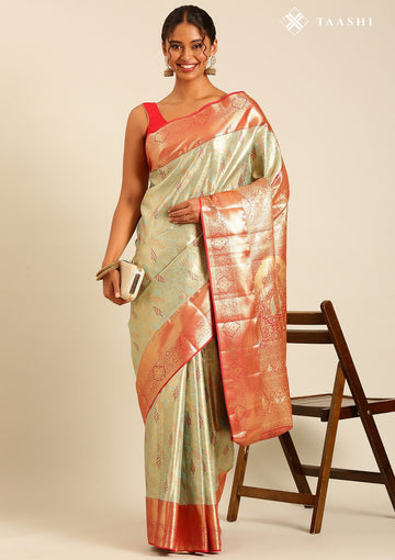 Pastel Mint Green Silk Korvai Tissue Kanjivaram Weave Saree