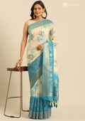 Pastel Blue Zari Woven And Floral Printed Organza Saree - Taashi