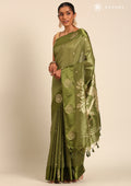 Olive Green Peacock Jacquard Pattern Tussar Saree - Taashi