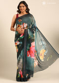 Teal Multicolor Floral Digital Printed Georgette Saree - Taashi