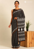 Black Batik Floral Butta Printed Cotton Saree - Taashi