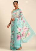Sky Blue Floral Printed Georgette Saree - Taashi