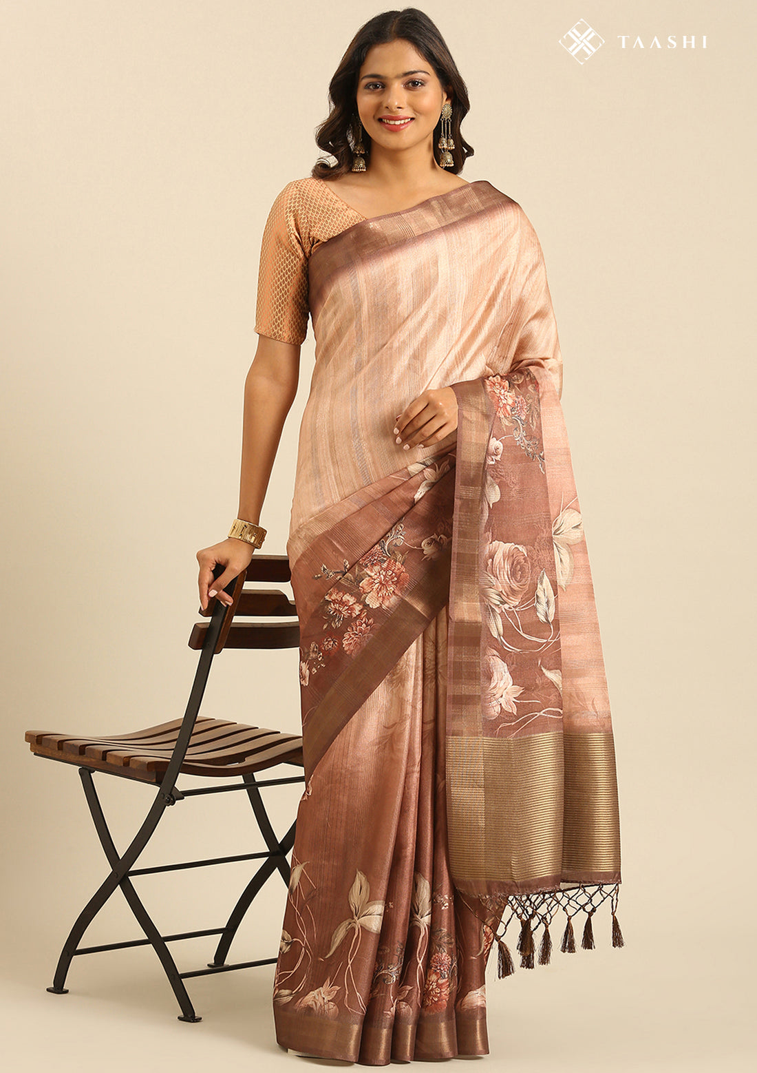 Brown Printed Tussar Saree
