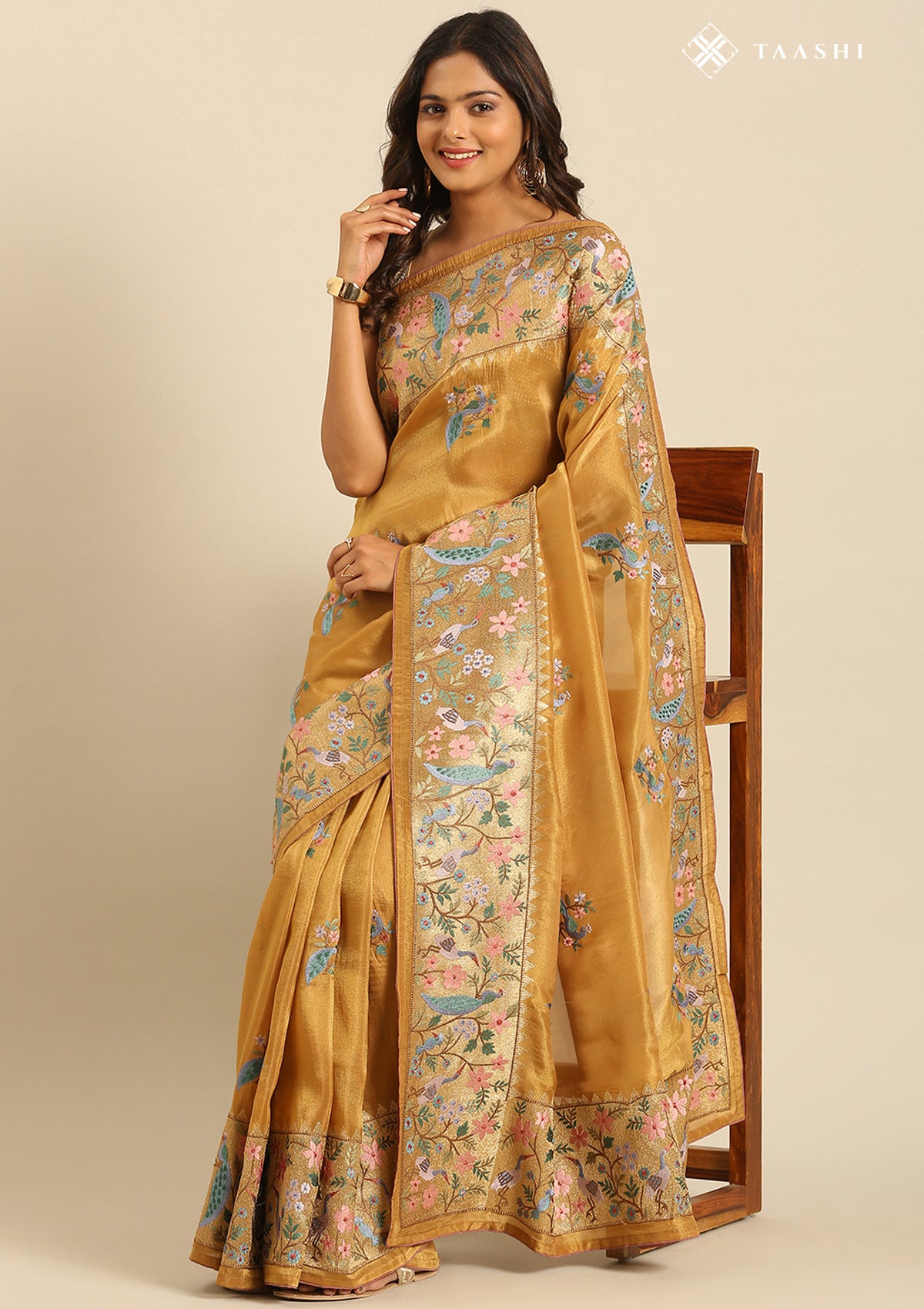 Amber Gold Nature InspiRed Embroiderd Tissue Saree - Taashi