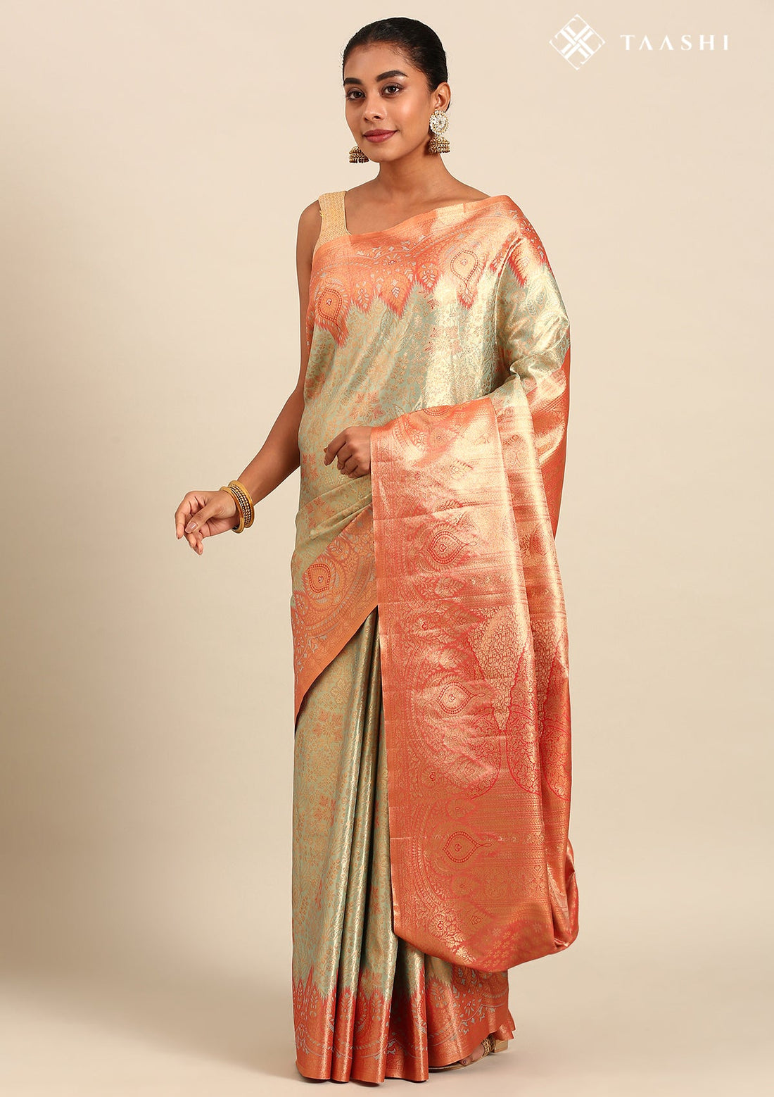 Pastel Sage Green Silk Korvai Tissue Kanjivaram Weave Saree