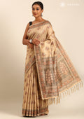 Beige Mughal Floral Woven Pattern Tussar Saree - Taashi
