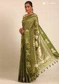 Olive Green Jacquard Pattern Placement Tussar Saree - Taashi