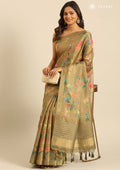 Dusty Olive Green Floral, Flamingo Printed And Zari Stripes Tussar Saree - Taashi