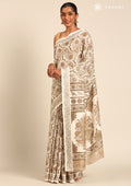 Cream And Heena Stylised A/O Paisley Pattern Linen Saree - Taashi